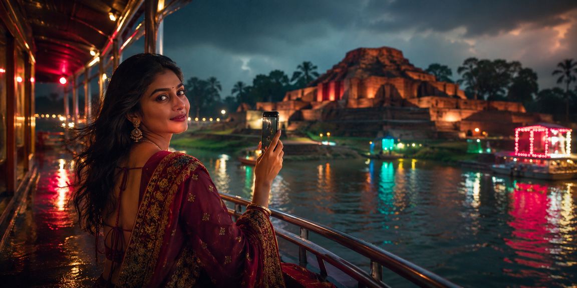 বাংলাদেশে নিয়ন আলোয় মোবাইলে পেমেন্ট করে ভাউচার রিডিম করার দৃশ্য